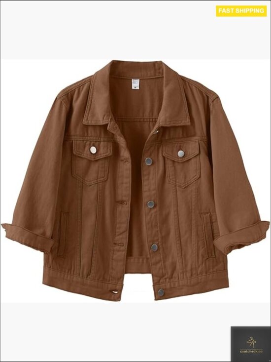 Jackets & Blazers - 3/4 Sleeve Short Denim Jacket Lapel Button Down Cropped Trucker Jean Jackets